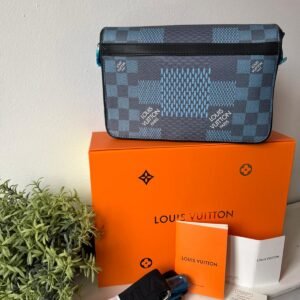 Alternative view of Blue Shoulder And Crossbody Bag in Damier Graphite 3D canvas with checkerboard pattern.