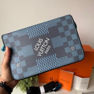 Blue Shoulder And Crossbody Bag in Damier Graphite 3D canvas with checkerboard pattern.