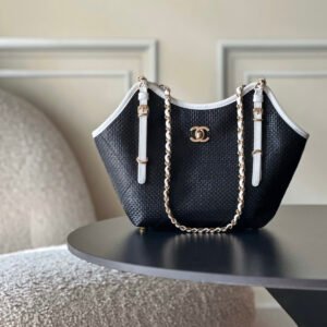 Straw-Knitted, Calfskin material with Gold-Tone Metal Black Small Tote shopping bag.