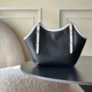 Alternative view of Straw-Knitted, Calfskin material with Gold-Tone Metal Black Small Tote shopping bag.