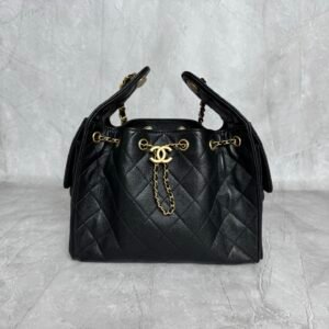 Black 25 Small Hobo Bag crafted from grained calfskin leather with gold-tone metal hardware.