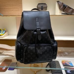 Black old flower TRIO backpack made of genuine calfskin leather.