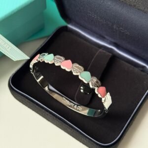 Forever love bracelet with tiffany blue and pink heart in silver bangle.
