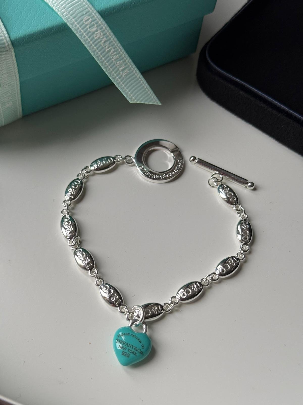 Link chain bracelet in 925 silver with Tiffany blue Heart, can be worn by both men and women. - Image 3