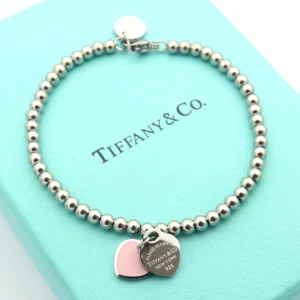 Alternative view of Sterling silver bead bracelet with heart-shaped charm in Blue/Tiffnay blue/Pink enamel.