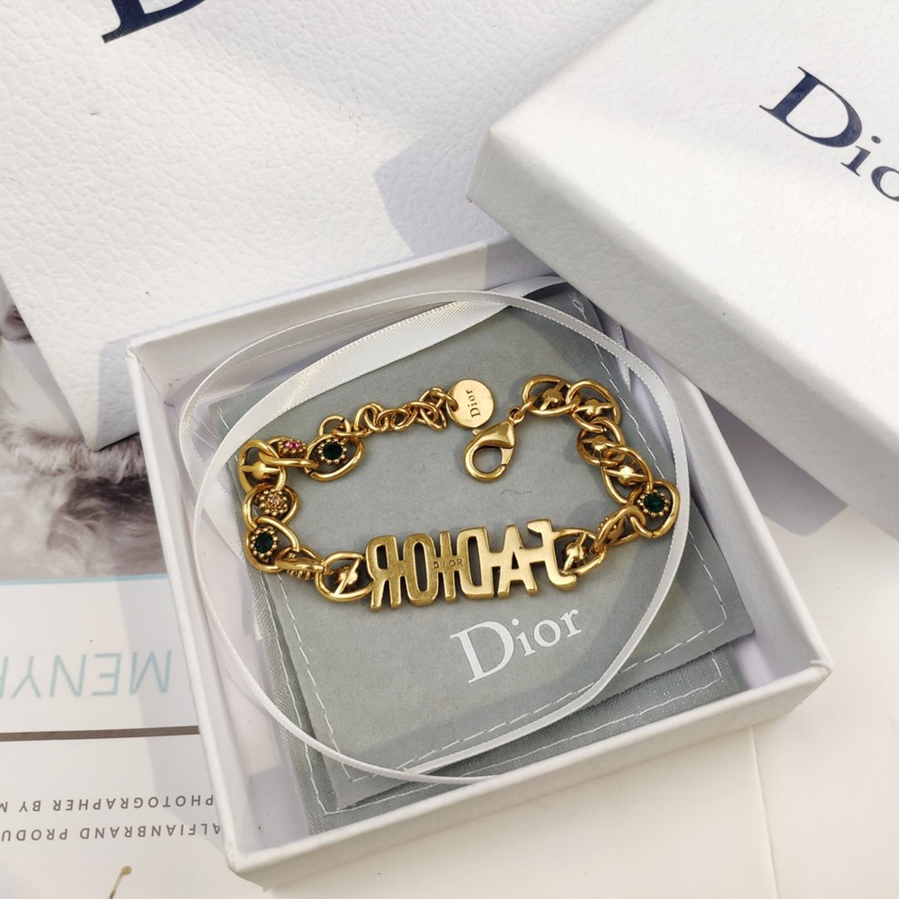 Linked chain Gold bracelet with J@D!0R cut out and Gems inlaid. - Image 3