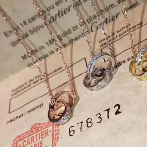 Alternative view of Linked chain necklace with double ring and gems inlaid in Silver /Gold /Rose Gold.