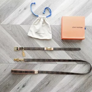 Alternative view of Dog leash with bow made of dark brown cowhide with golden hardware.