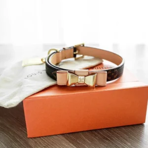 Dog leash with bow made of dark brown cowhide with golden hardware.